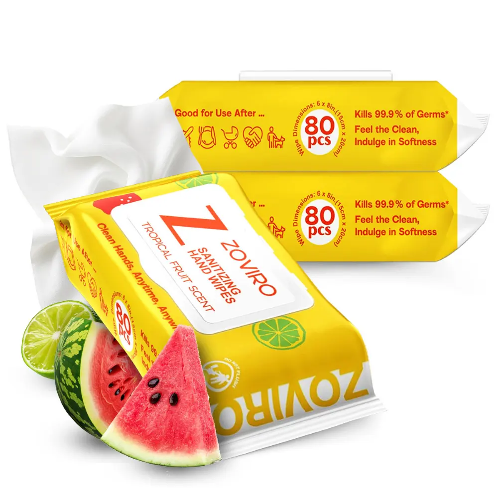 Zoviro Hand Sanitizing Wipes, Bergamot and Orange Essential Oils, Hand Wipes Travel Size, Moisturizing Hand Sanitizer Wipes, Value Pack, Tropical Fruit Scent, 80 Count (Pack of 3)