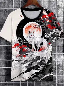Men'S Summer Fox  Print T-Shirt - Casual Round Neck Short Sleeve Tee Featuring Vibrant White And Black Foxes with Red Cherry Blossom Design, Made from Lightweight Fabric, Perfect for Casual Wear,  Size