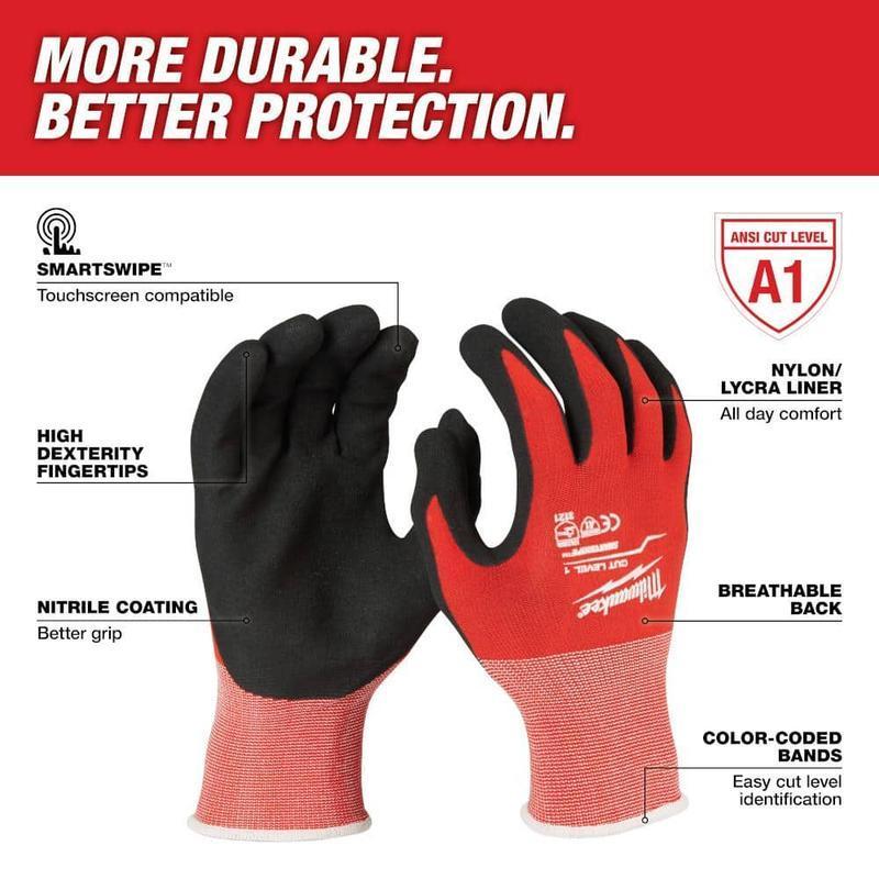 Milwaukee X-Large Red Nitrile Work Gloves Level 1 Cut Resistance Dipped Coating for Superior Safety Protection Enhanced Grip Comfort