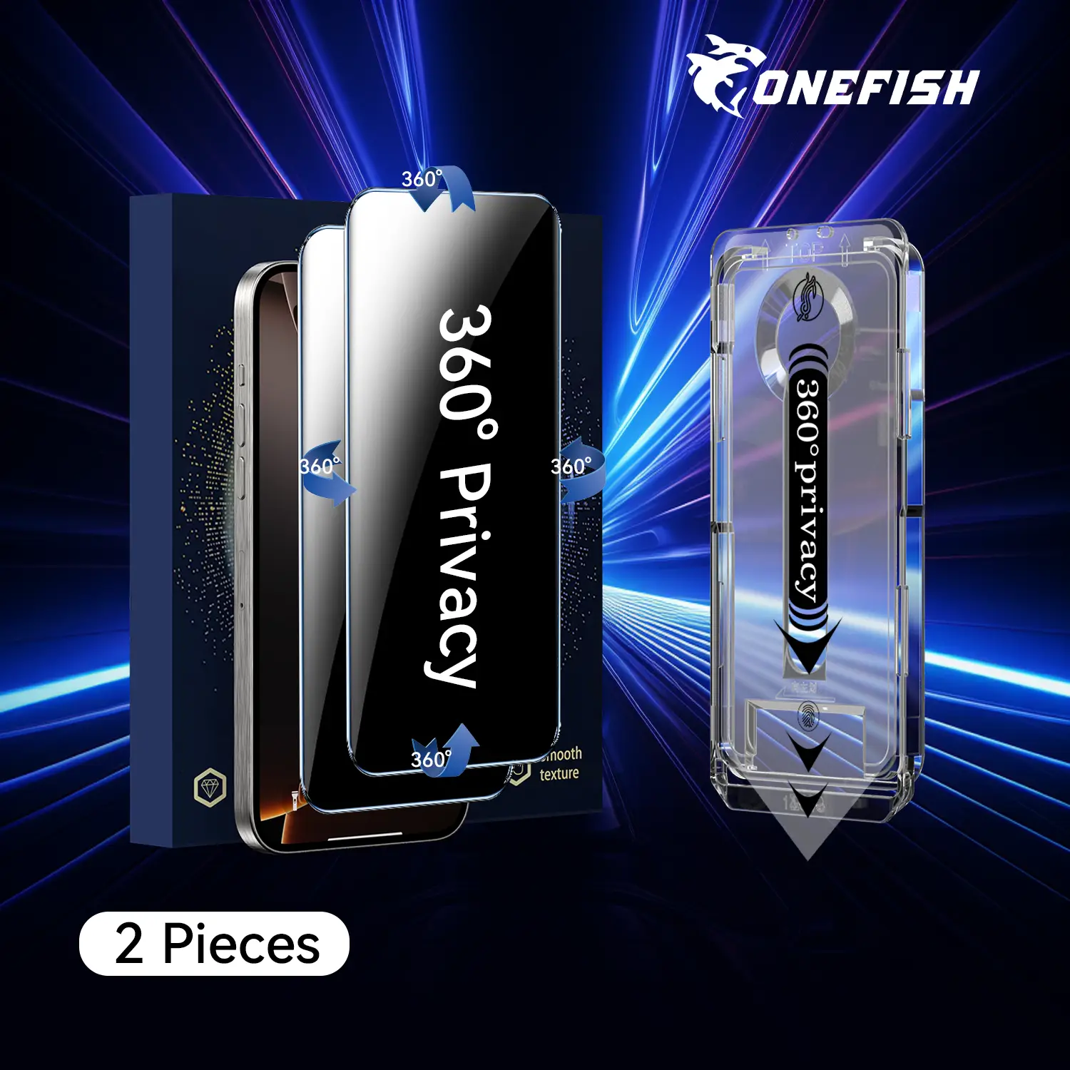 One Fish[2PCS] 360° Privacy [4 sides Privacy] Screen Protector [UP, DOWN, LEFT, RIGHT] Anti-Spy, Fingerprint-Proof. Tempered Glass, Full Protection