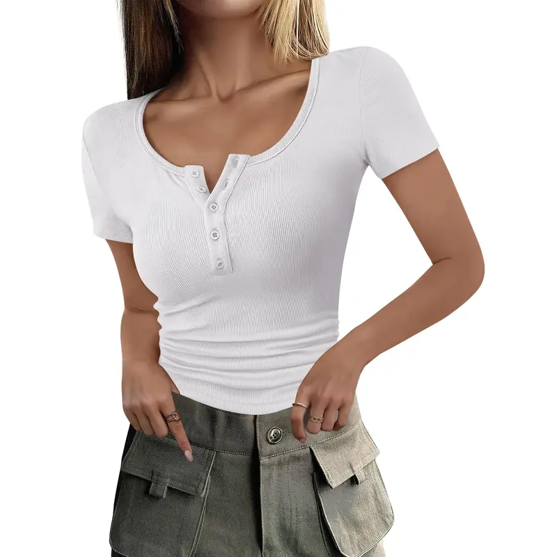 ANRABESS Women's 2026 Spring Summer Short Sleeve Tops Ribbed Knit Henley Button Up Slim Fit Basic Skinny Casual Outdoor T Shirts Blouse Knit Pullover Tops Knitwear T-Shirt