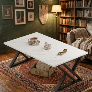 Modern Rectangular Faux Marble Coffee Table, Black White Marble Grain Center Table with X-shaped Reinforced Metal Frame, Waterproof Anti-scratch Industrial Accent Tea Table, Easy Assembly Stylish Home Furniture for Living Room Bedroom Office