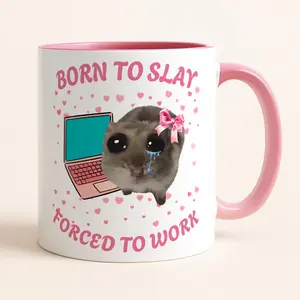 Born To Slay Forced To Work Mug, Funny Sad Hamster Meme Mug, Just A Girl Gift For Her, Funny Work Gift, Coworker Coffee Cup, Cute Gifts, Christmas Gift For Bestie