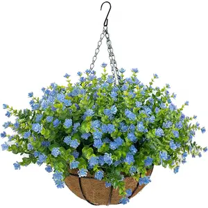 1/2 lifelike blue artificial flower baskets, UV protection for 10/20 fresh flowers, for outdoor summer and spring decorations on porches, balconies, courtyards and gardens, Artificial Hanging Baskets