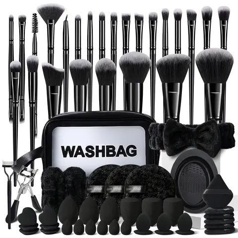 Women's 65Pcs Nylon Brush Set Cosmetic - 25Pcs Premium Tools, Washbag, Eye Beauty Items, Sponges, Cleaner, Powder Puff, Facial Kits (Single Item Large Makeup Brush Sets & Kits)
