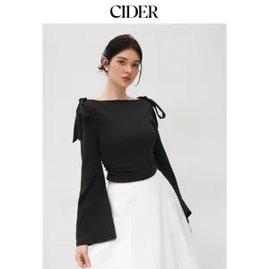 Cider Women's Knit Womenswear Top, Boat Neck, Bowknot Detail, Ruched Long Sleeves