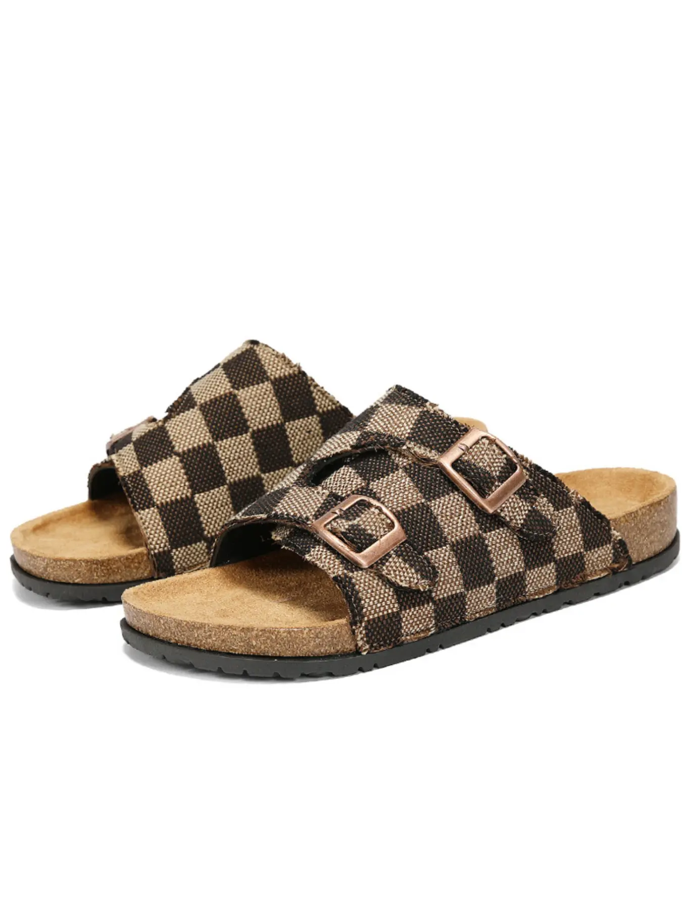 Classic Plaid Woven Cork Slippers, Women's Unisex Boho Style, Adjustable Buckle, Breathable Fabric, Non-Slip Eva Sole, Versatile All-Season Summer Footwear, Slide, Lightweight Breathable Slides