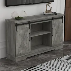 Modern Farmhouse TV Stand for 65 Inch TV - Sliding Barn Doors - Storage Shelves - Media Console Table - Tall Grey Cabinet for Living Room or Bedroom