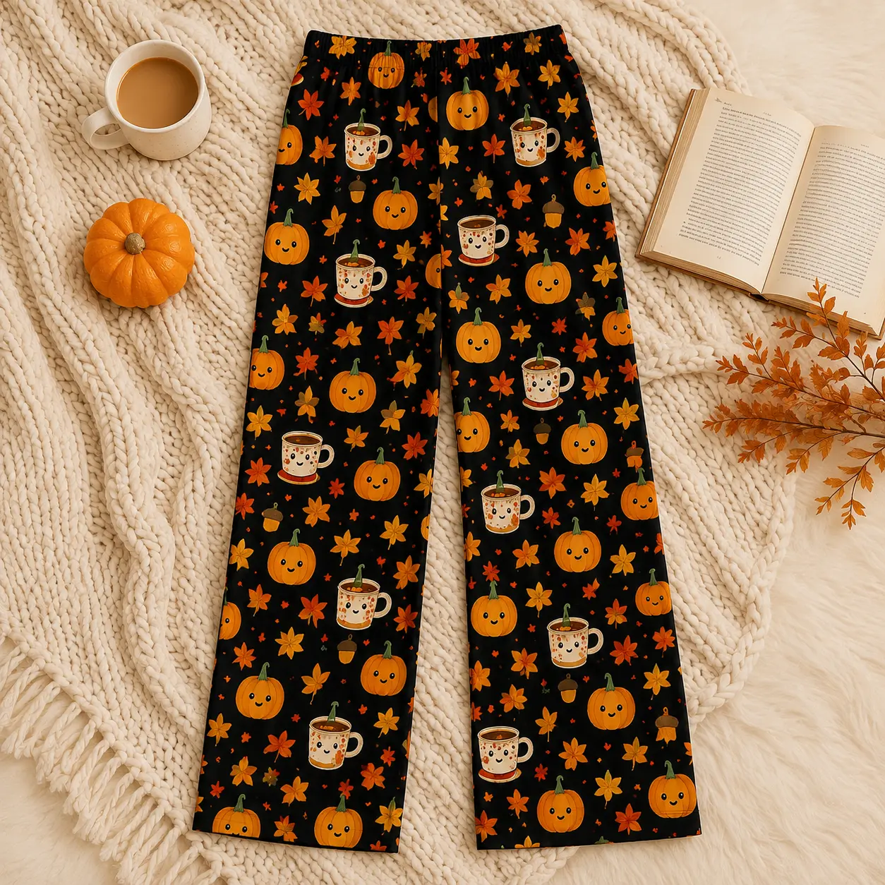Autumn Pajama Pants for Women, Pumpkin, Coffee, Fall Leaves Pajamas, Cozy Fall Sleepwear, Cute Halloween Pajama Bottoms, Halloween Gift