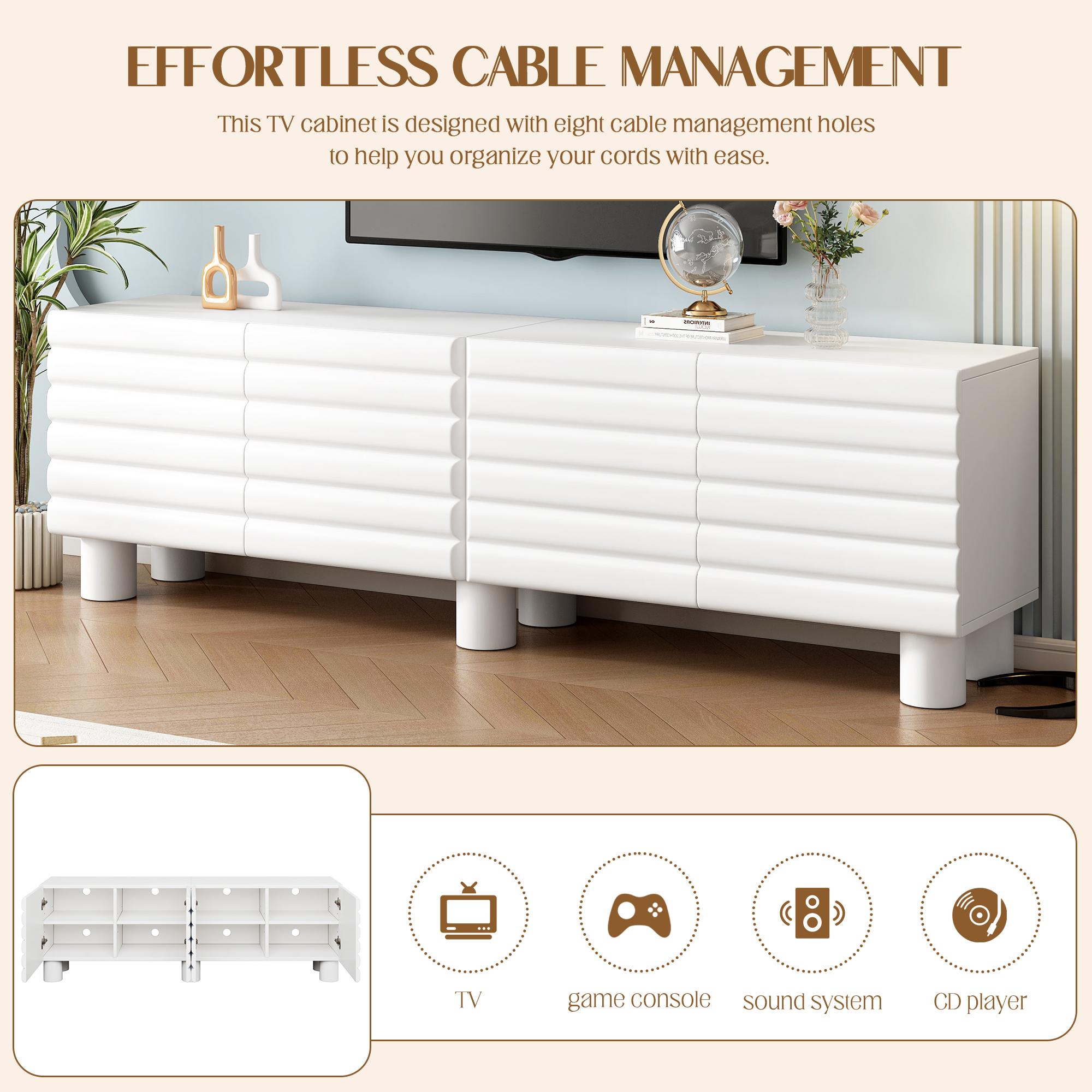 Modern Farmhouse MDF Wood Rectangular TV Stand - Cream White Single Unit for 75" TV, Wavy Door Media Console with Adjustable Shelves, 8 Cable Holes, Cylindrical Legs, Living Room Storage, Requires Assembly Modern Farmhouse MDF Wood Rectangular TV Stand - Cream White Single Unit for 75" TV, Wavy Door Media Console with Adjustable Shelves, 8 Cable Holes, Cylindrical Legs, Living Room Storage, Requires Assembly