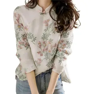 Soft women’s blouse/shirt, Chinese‑style long‑sleeve cheongsam top, versatile for autumn wear, suitable for airport outfits, available in plus sizes, can be paired with a raincoat