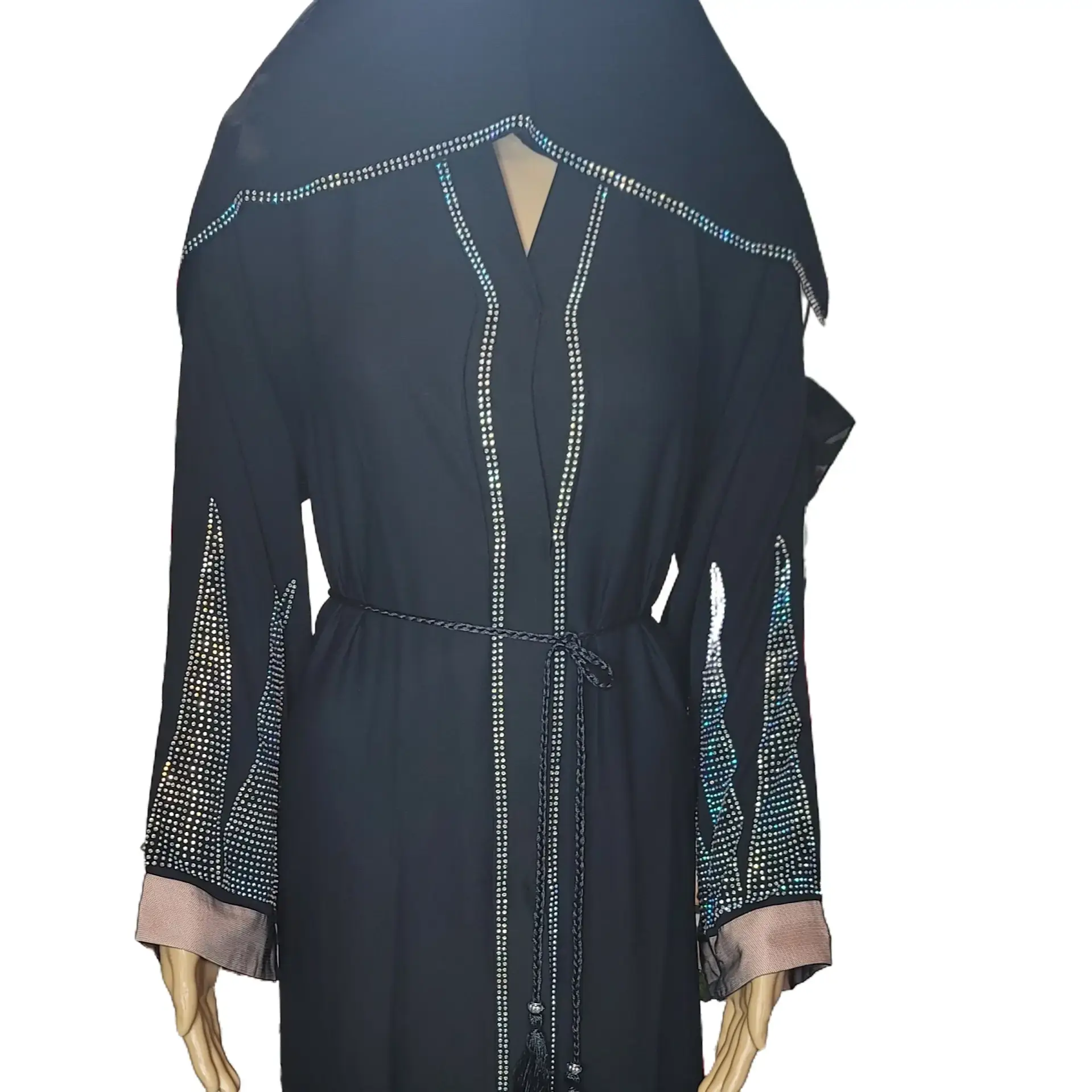Original Dubai Abaya - Black Zoom Material with Rhinestones, Includes Belt and Headscarf - Muslim Fashion Women's Islamic Clothing
