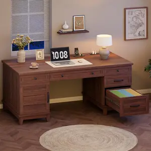 Garvee Executive Desk with File Drawers, Farmhouse Home Office Desk with Charging Station, 60 in Wooden Computer Desk with Cabinet Storage for Work Study Writing, Walunt Brown