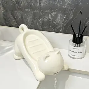 【Hot Selling】Cute Cartoon Cat Soap Dish Holder, No Water Accumulation, Easy Clean, Hole-Free Design, Simple Style, Perfect Gift Idea, Home Use
