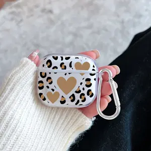 Retro Heart Shape Leopard Pattern Protective Case for AirPods 4/3/2/1/Pro/Pro2 Soft TPU Earphone Cover, Transparent with Keychain