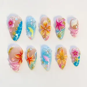 Starfish Bloom Elegance Press On Nails Long Almond Nails/Shark Flower Nails/Yellow Nails/Summer Nails/Shell Nails/Conch Nails/Birthday Nails