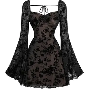 Women Floral Jacquard Mesh gothic Dress Flare Long Sleeve A-line Vintage Dress Casual summer dress summer outfits Womenswear summer outfits
