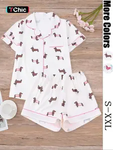 Women's All Over Dachshund Print Shirt & Elastic Waist Shorts Pyjama Two-piece Set, Casual Comfy Short Sleeve Collared Top & Shorts PJ Set, Ladies Sleepwear for All Seasons, Loungewear, Pajama Set, Pajamas