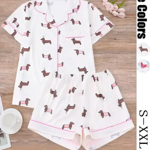 Women's All Over Dachshund Print Shirt & Elastic Waist Shorts Pyjama Two-piece Set, Casual Comfy Short Sleeve Collared Top & Shorts PJ Set, Ladies Sleepwear for All Seasons, Loungewear, Pajama Set, Pajamas, Homewear