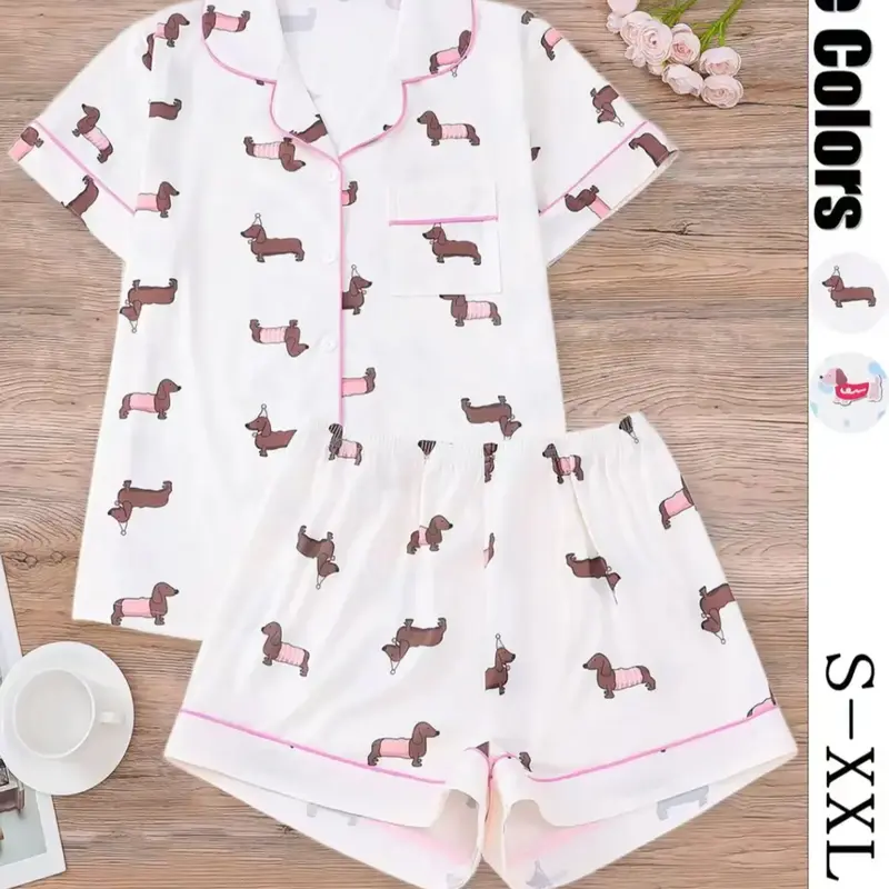 Women's All Over Dachshund Print Shirt & Elastic Waist Shorts Pyjama Two-piece Set, Casual Comfy Short Sleeve Collared Top & Shorts PJ Set, Ladies Sleepwear for All Seasons, Loungewear, Pajama Set, Pajamas, Homewear