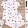 Women's All Over Dachshund Print Shirt & Elastic Waist Shorts Pyjama Two-piece Set, Casual Comfy Short Sleeve Collared Top & Shorts PJ Set, Ladies Sleepwear for All Seasons, Loungewear, Pajama Set, Pajamas, Homewear