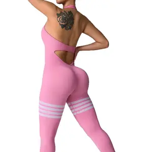 New Halter Neck Hip Lift Tummy Control Tight Striped Sports Seamless Beautiful Back Women's Sports Yoga One-Piece Long Pants