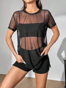 Women's Mesh Sheer Crewneck Tee, Basic Minimalist Casual Short Sleeve Round Neck Top for Summer, Ladies Clothes for Daily Wear