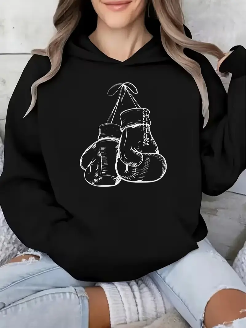 A Sporty Hoodie with Kangaroo Pocket Featuring Boxing Glove Print, Comfortable Casual Long-sleeve Sweatshirt, Women's Activewear, Perfect for Autumn and Winter