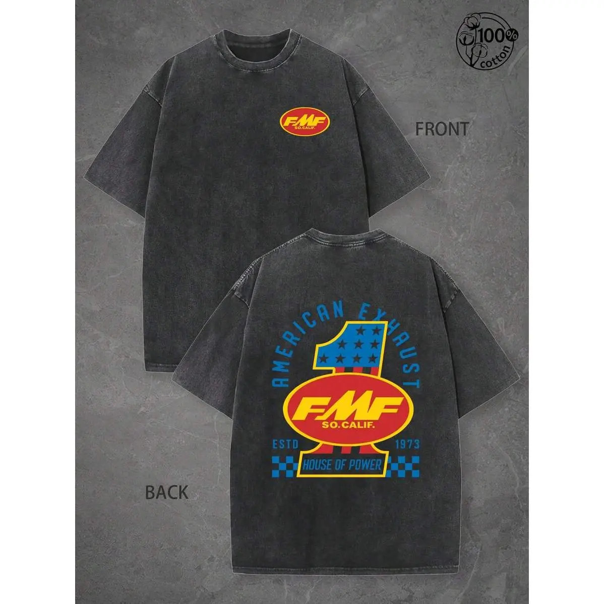 Retro Washed Black Oversized Round Neck T-Shirt - 1973 Vintage American Racing Flag Graphic Print, Menswear Casual Short Sleeve Top, Loose Fit for Outdoor & Daily Wear, Tshirt, Streetwear