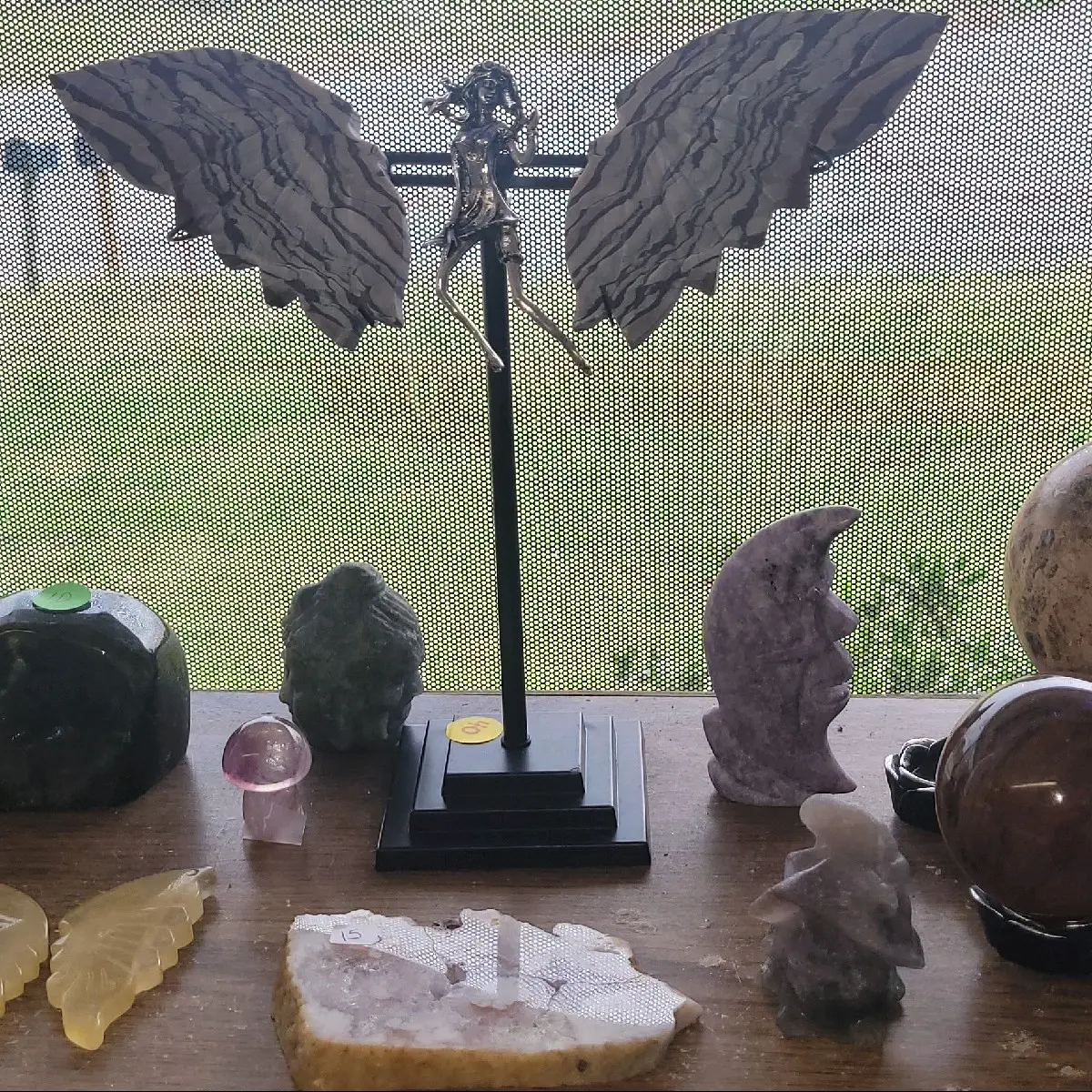 beautiful crystals. agate slab, chocolate jasper wings, fluorite wings, and more