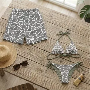 [Hot Summer 2026] - Hawaiian Shorts & Bikini Set – Summer 2026 Couple Matching Grey Camo Swimwear