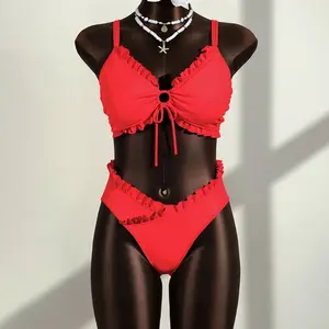 New Style Red Two-Piece Swimsuit For Women High-Waisted With Ruffle Trim