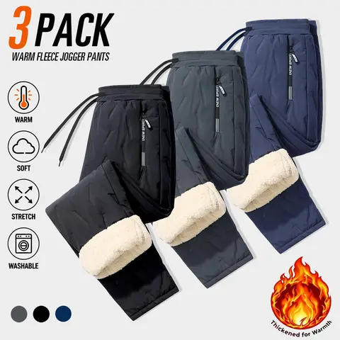 Men's 3 Pack Long Sherpa Fleece Lined Thermal Quilted Winter Outer Pants Polyester Shell, Mid Waist, Elastic Drawstring, Side Zips, Plain Look, Thick Windproof Pockets, Menswear Bottoms for Outdoor Work, Hiking Black/Grey/Blue Warm Pants