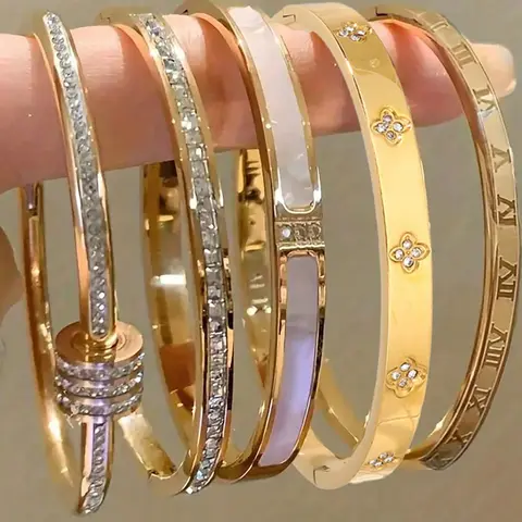 Elegant Stainless Steel Bangles Set, Trendy Stack Bangle, 5-Piece Fashionable Bracelet Classic Design, Stacked Design Bracelets, Perfect for Daily Wear & Special Occasions