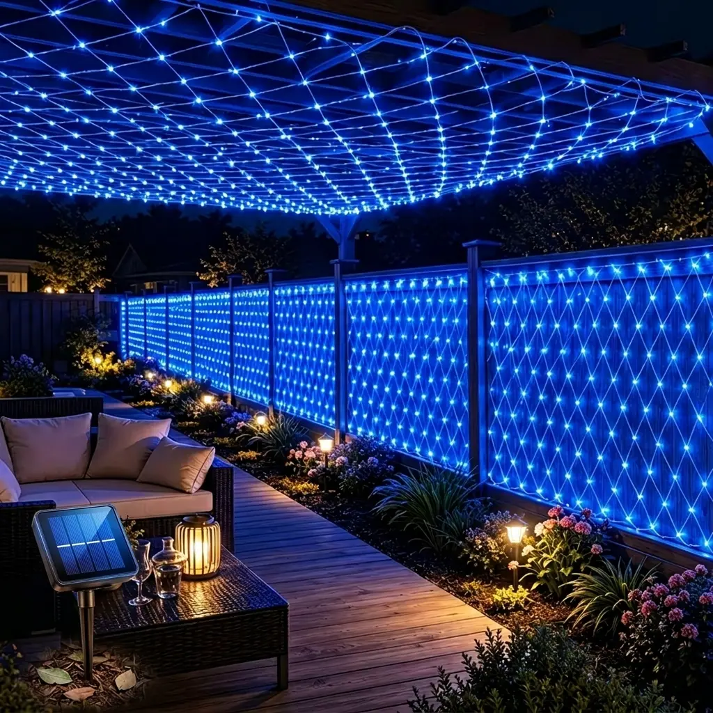 Outdoor Solar String Lights, 2 Packs (3M x 2M Each) with 1 Solar Panel, 384 LED Bulbs, IP65 Waterproof, 8 Lighting Modes, Bright and Vibrant, Customizable for Different Moods, Ceremony Decor for Fences, Garden