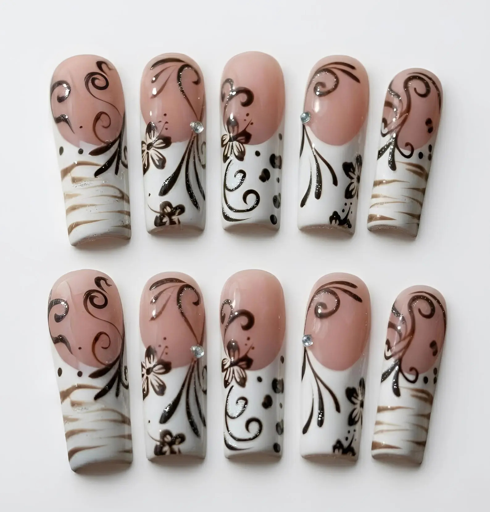 Hand-Painted Retro Floral French Tip Press On Nails, 90s Glitter Swirl Design