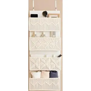 Hanging Closet Storage with 4 Large Woven Pockets, Macrame Boho Nursery Organizer for Bathroom or Bedroom, Behind the Door Storage Solution, Reusable and Space-Saving Design