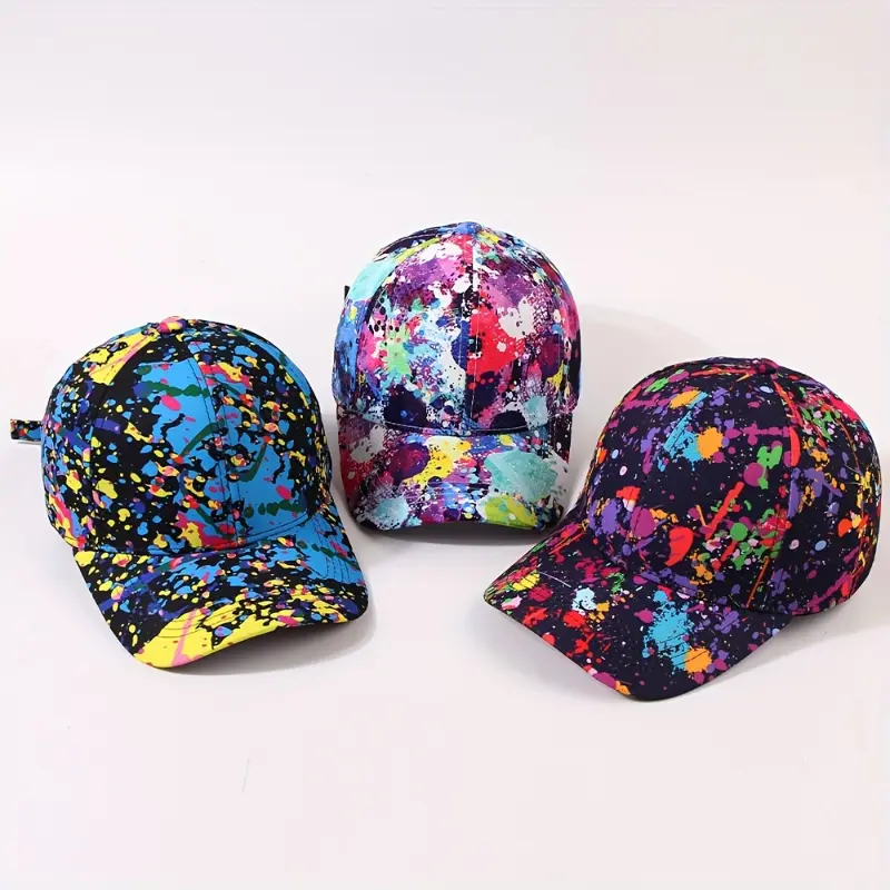 Women's Fitted Adjustable Lightweight Polyester Tie Dye Baseball Cap - Holiday Theme, Vibrant Splatter Design, Stylish Streetwear, All-Season Outdoor Casual Headwear, Hand Wash Only Note, Female