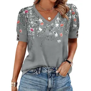 Womens Tops Short Sleeve Shirts Buttons V Neck Spring Fashion Summer Outfits Plus Size Blouses Dressy Casual