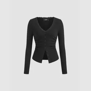 Cider Cotton-blend V-neck Lace Trim Button Up Top