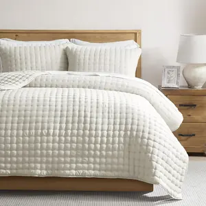 Ivory Queen Size Microfibre Quilt Set with 2 Pillow Shams - All Seasons Lightweight Bedspread Coverlet, Durable Machine Washable 90x90 in Quilted Thin Bedding