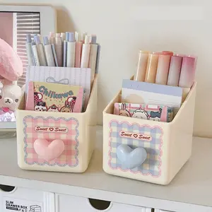 [Simple Desktop Storage] Heart-Shaped Desktop Storage Box , Two-grid Multi-functional Storage Box for Stationery | Cosmetics | Sundries, Pen Holder for Office and School, Desk Organizer Tidy