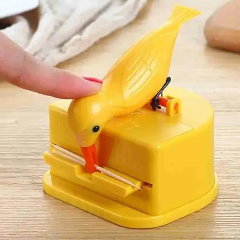 ABS Yellow Bird-Shaped Automatic Toothpick Dispenser, 1-Hand Operation, Single-Use Toothpick Organizer, Decorative Home Kitchen Storage Supply