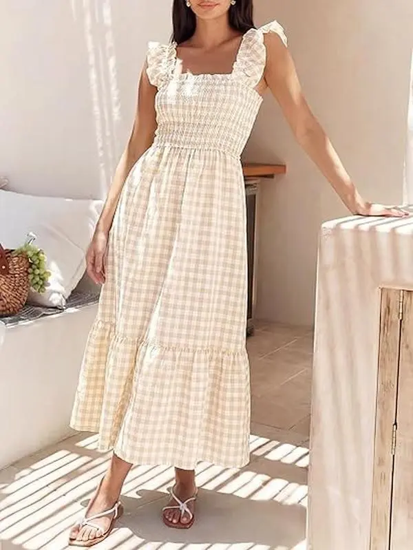 Women's Retro Check Plaid Gingham Fitted Smocked Front Lightweight Poly Fabric Dress - Spaghetti Strap, Loose Tiered, Ruffled, Soft Breathable, Flowy Belly-Hiding, Curvy Plus Size, Pockets, Machine Washable, Beach & Everyday Casual
