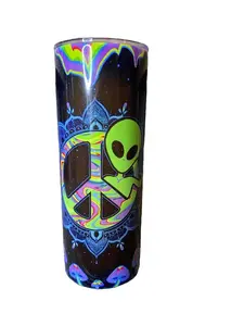 Trippy Peace Alien & Mushrooms - 20oz Skinny Sublimation Tumbler in Black and Bright Neon Colors - Amy's Tumbler Junkies - Your Favorite Tumbler Shop!