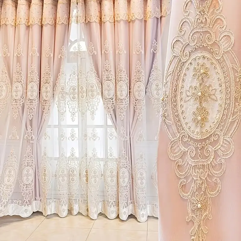 1pc pink 3D Embroidered Luxury Curtain (1 Panel) - Cloth-Sheer Integrated, Grommet Hanging, Blackout UV & Heat Insulated, Perfect for Living Room/Bedroom/Office Decoration
