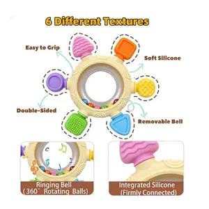 Rattle Teether with 6 Textures, internal ball feature to encourage motor skills,baby chew teether toy, montessori toy