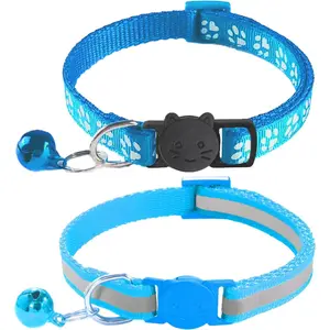 2 Pack Breakaway Cat Collars with Bells, Reflective Design and Claw Print Design, Safety Buckle Kitten Collars Adjustable from 7.5 to 12.5 Inches (Sky Blue)
