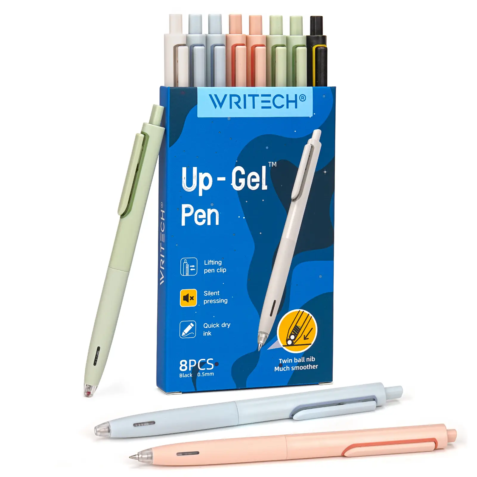 WRITECH Gel Pens Fine Point 0.5mm No Smear & Smudge Black Ink Retractable Silent Pen Set 8ct Office Stationery Supplies