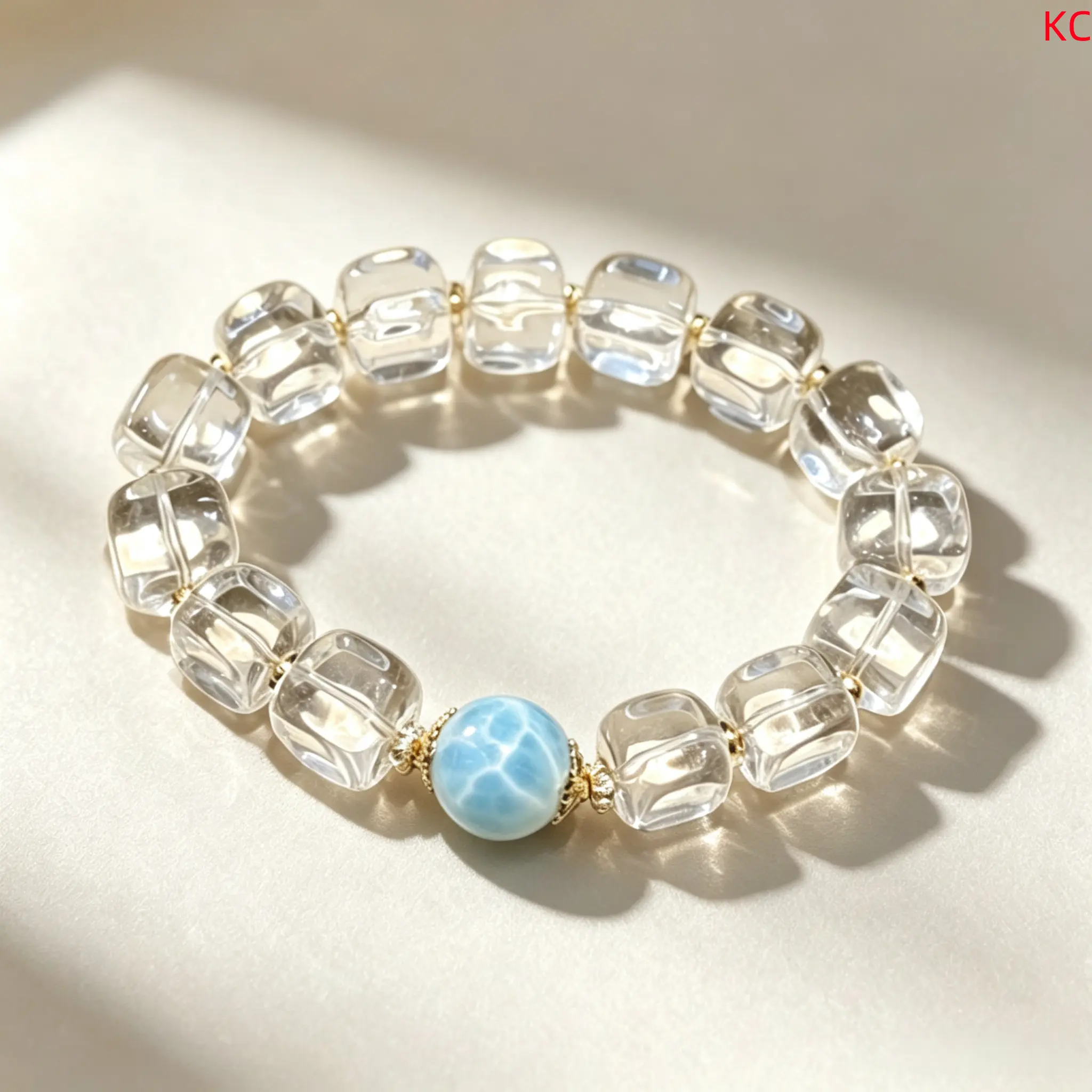 High‑Grade Larimar Beaded Bracelet, Pure White Blue Ocean Original Design Gemstone Bracelet, Default 15cm Wrist Size